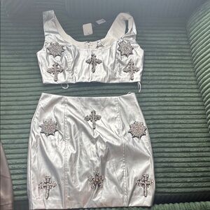 Fashion Nova Silver Skirt Set with Cross Embellishments